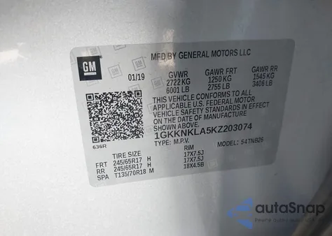 2019 GMC Acadia Sle z USA, uszkodzony, nr VIN 1GKKNKLA5KZ203074